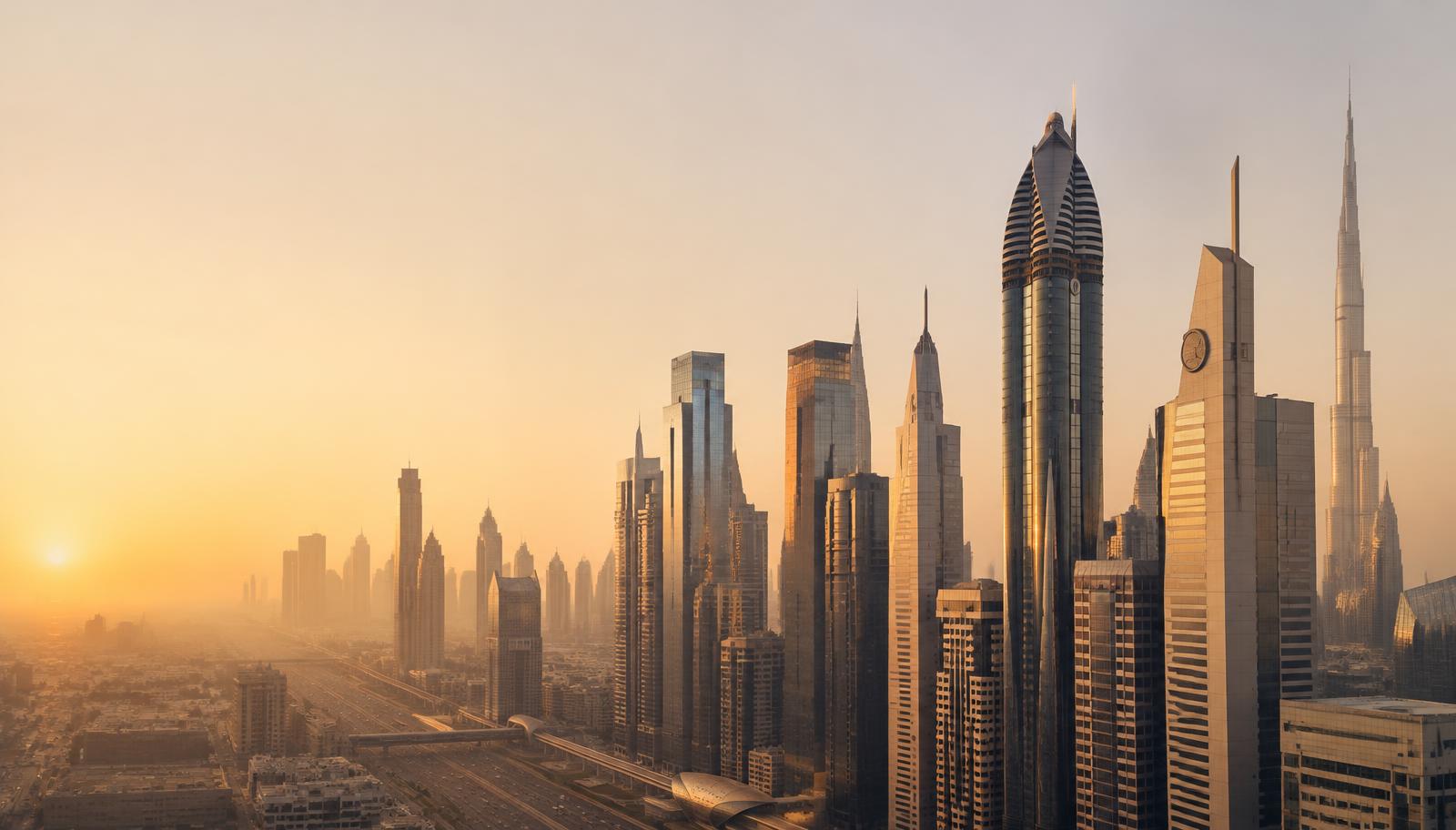 Sheikh Zayed Road skyline in Dubai at golden hour